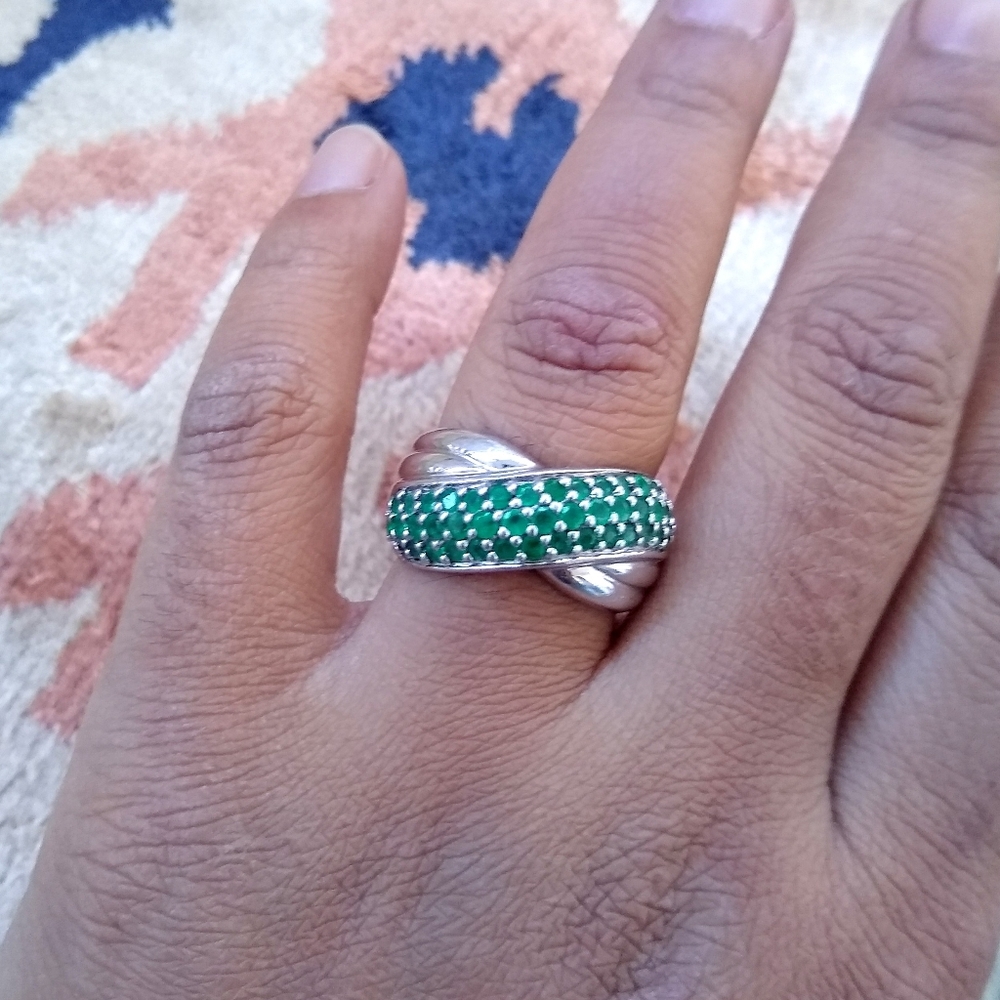 Natural Emerald band ring bypass silver
